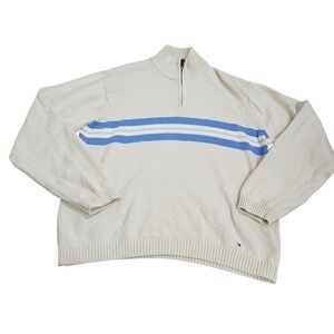 Tommy Hilfiger Mens Quarter Zip Sweater Cream Blue Striped Cotton Knit Large